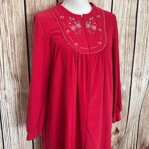 Lorraine Vintage Crimson Nightgown Bright Red w/Embroidery Floral Detailed Front